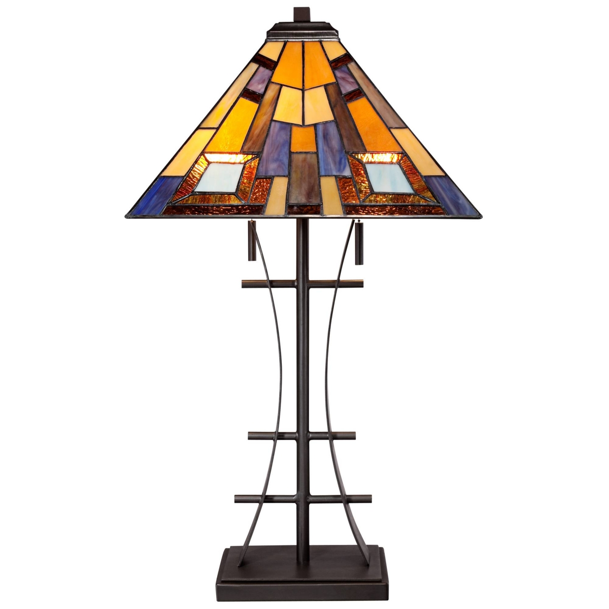 Jewel Tone Mission Tiffany Style Table Lamp Tall Iron Bronze Geometric Antique Stained Glass Art Shade Decor for Living Room Bedroom House Bedside