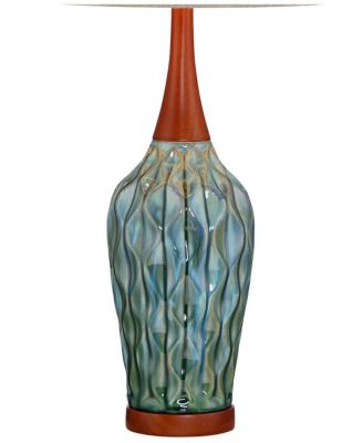 Rocco Mid Century Modern Table Lamp 30" Tall Ceramic Blue Teal Glaze Wood Handmade Linen Drum Shade Decor for Living Room Bedroom House Bedside Home Entryway (Colors May Vary) - 360 Lighting