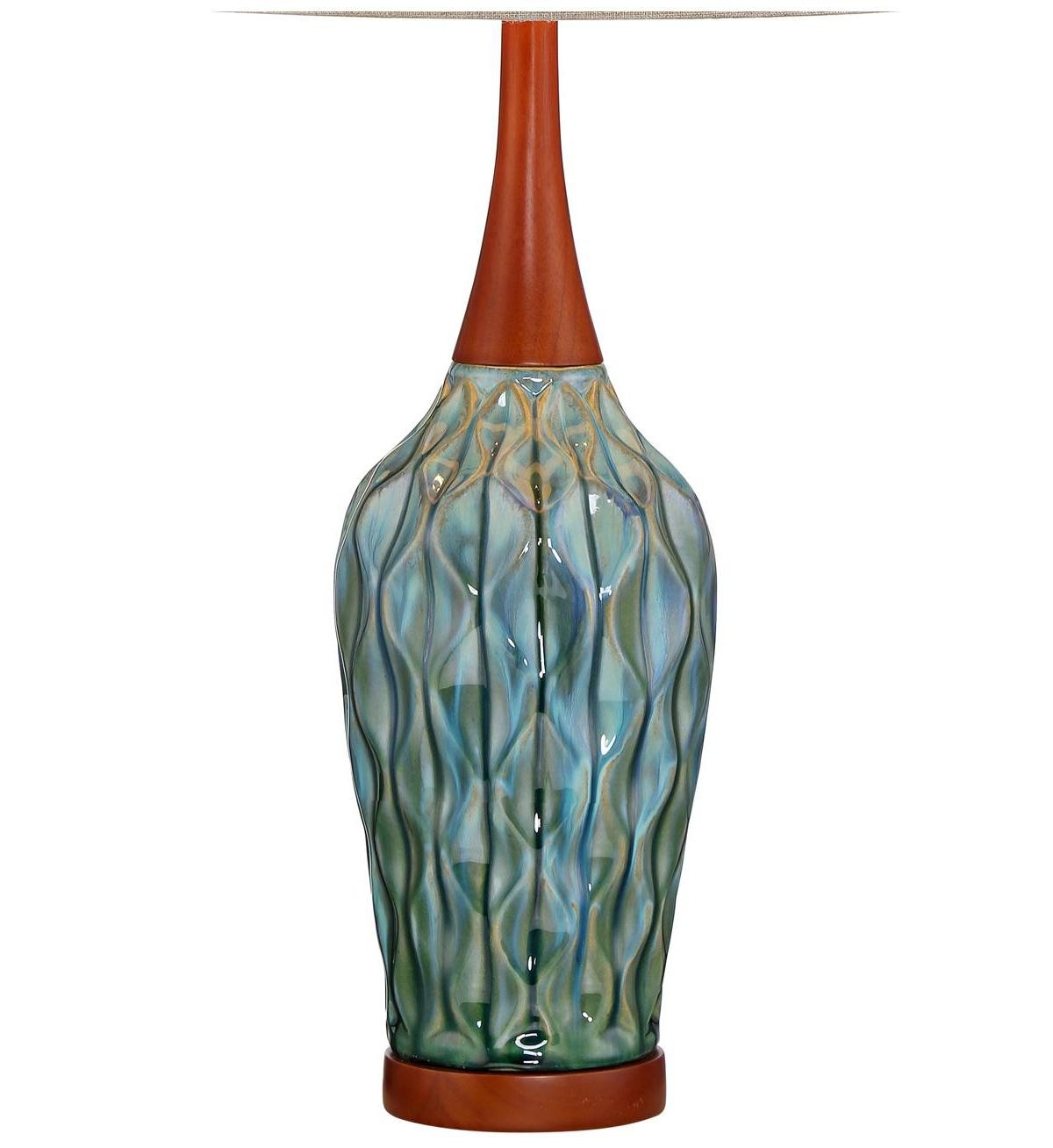 Rocco Mid Century Modern Table Lamp Tall CeramicTeal Glaze Wood Handmade Linen Drum Shade Decor for Living Room Bedroom House Bedside Home E