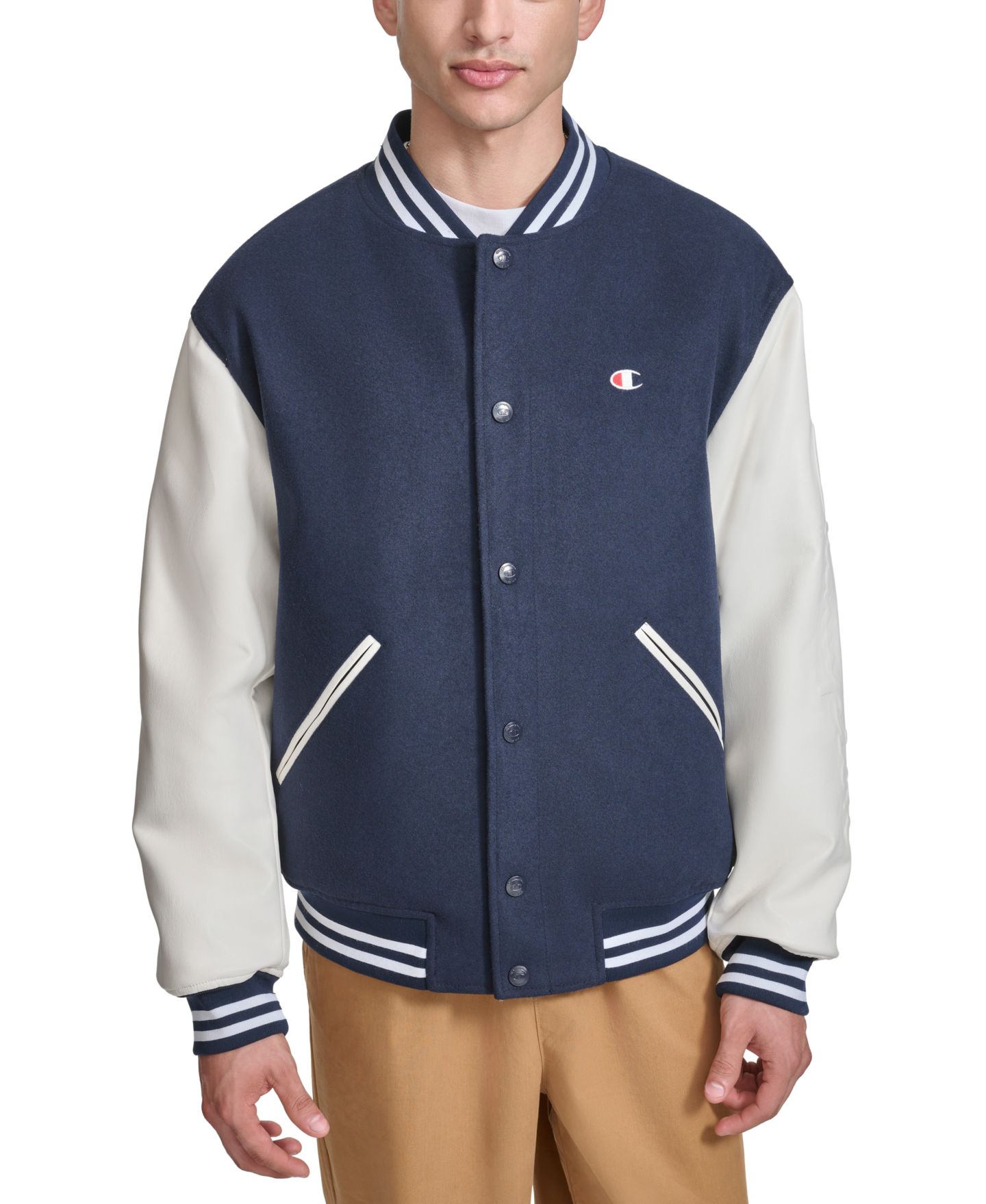 Мужская куртка Champion Colorblocked Mixed-Media Varsity, цвет: Тёмно-синий / Белый — фото 1