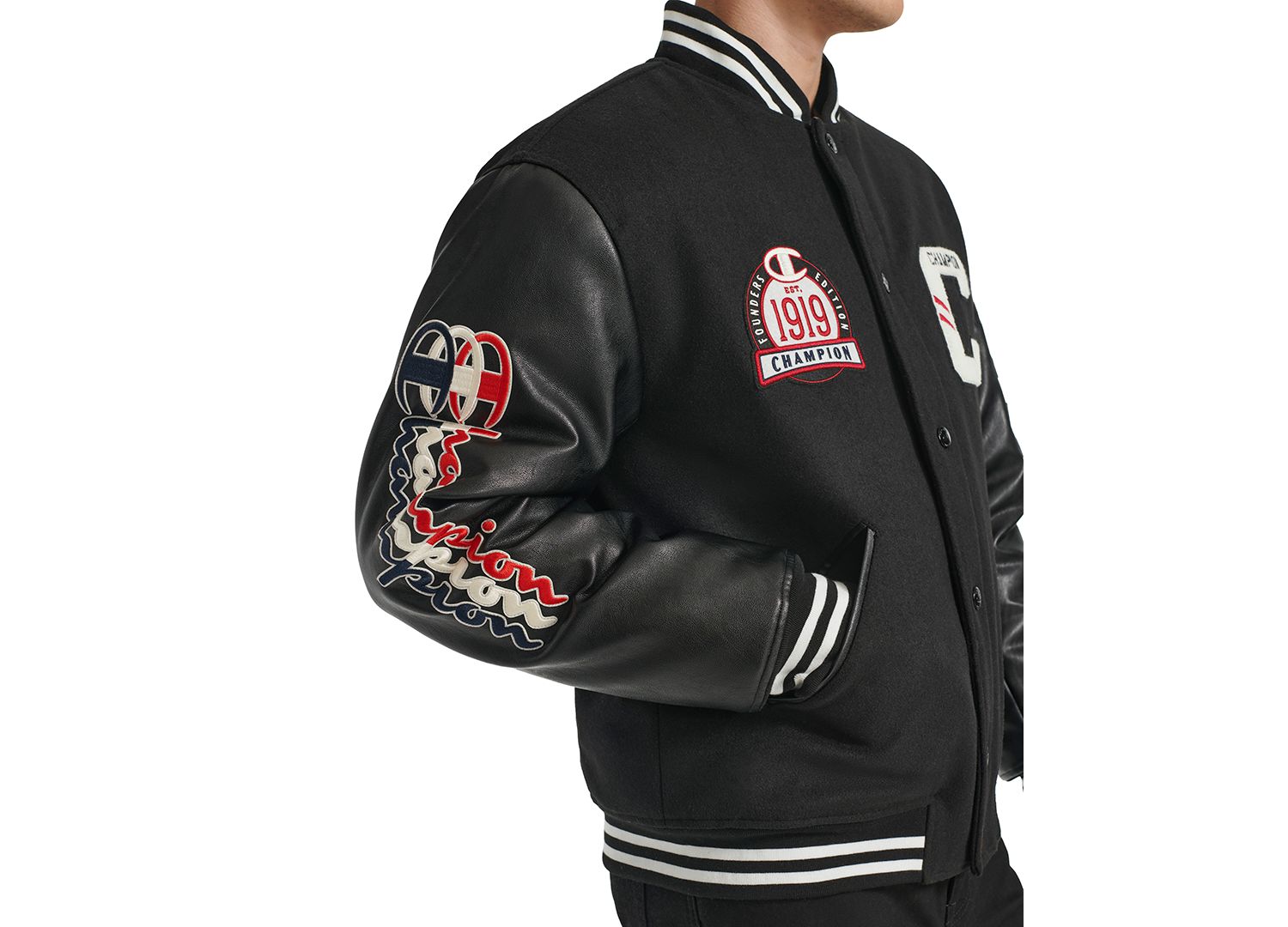 Men's Logo-Patch Mixed-Media Varsity Jacket
