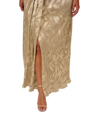 Plus Size Foil Leaf Flutter-Sleeve Draped Gown