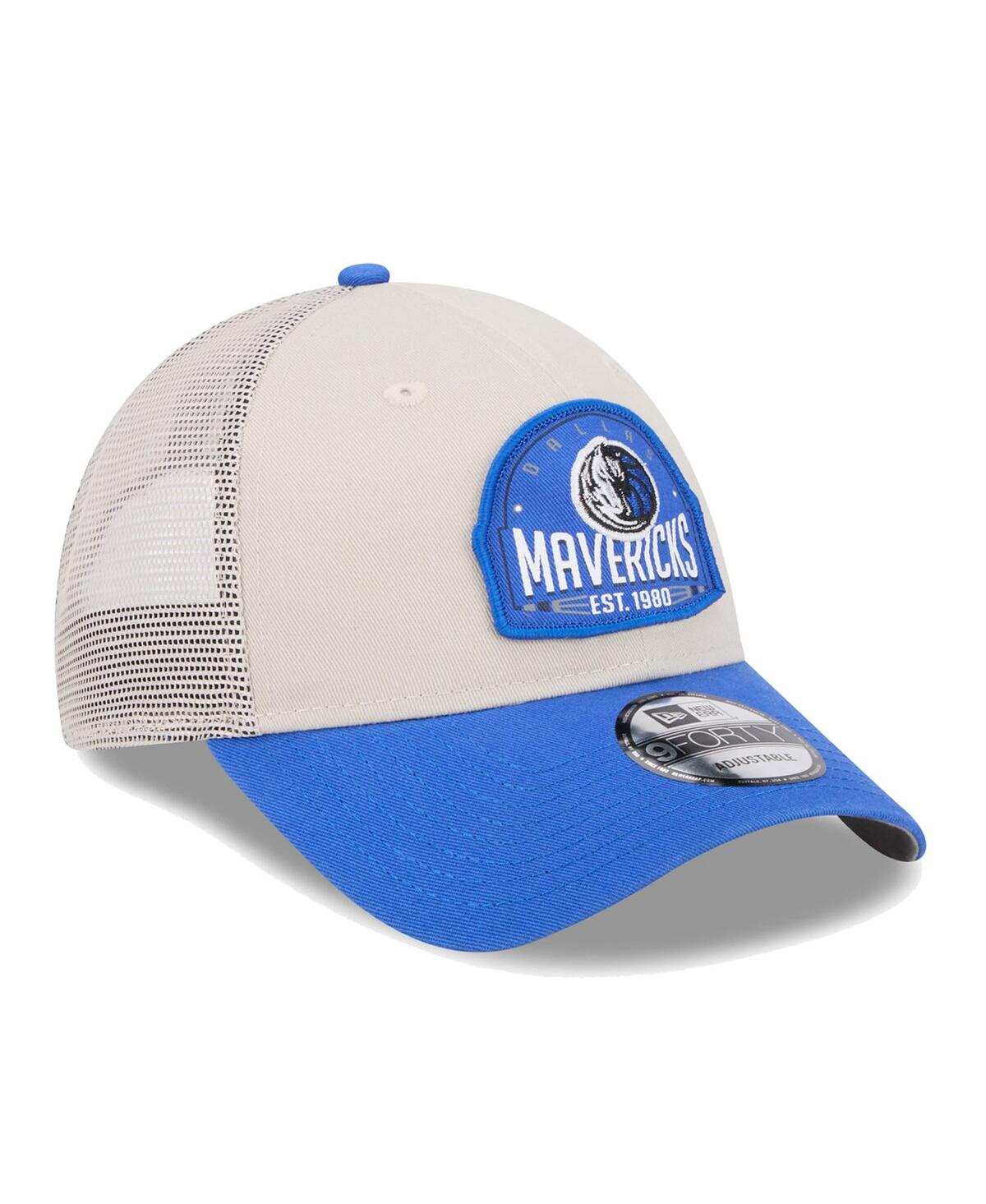NEW ERA MEN'S KHAKI/BLUE DALLAS MAVERICKS THROWBACK PATCH TRUCKER 9FORTY ADJUSTABLE HAT 