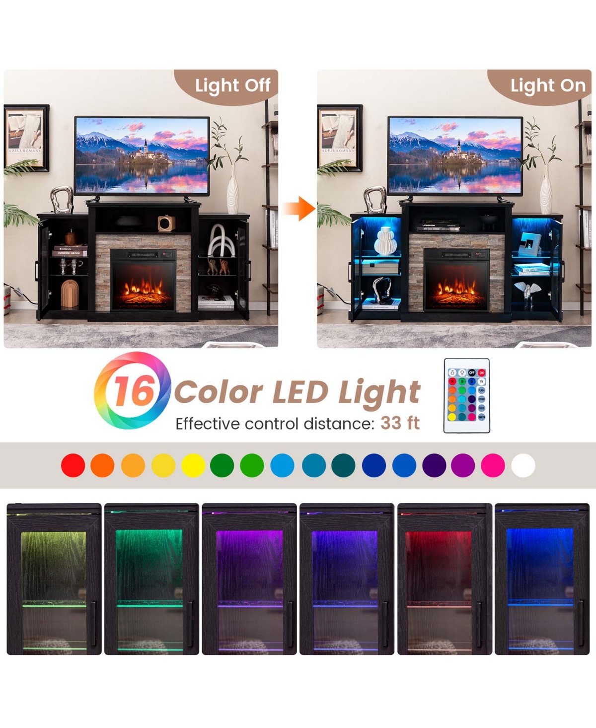 Fireplace Tv Stand with Led Lights & Electric Fireplace For Wall-Mounted Tv