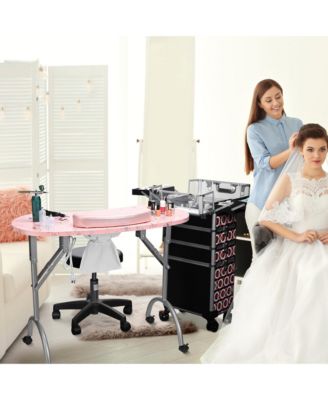 Folding Manicure Nail Table 2in1 Rolling Makeup Train Case Kit Manicure Cosmetic Trolley Travel Organizer Nail Case, Pink
