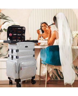 3in1 Soft Sided Rolling Makeup Case Cosmetic With Removable Divider For Makeup Artist Nail Artist Glitter Silver