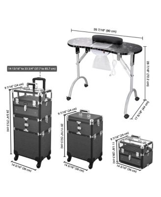 Folding Manicure Nail Table 2in1 Rolling Makeup Train Case Kit Manicure Cosmetic Trolley Travel Organizer Nail Case, Black