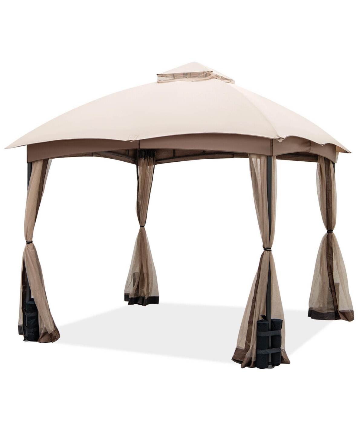 Slickblue 10 X 10 Feet Patio Double-Vent Gazebo with Privacy Netting and 4 Sandbags-Khaki