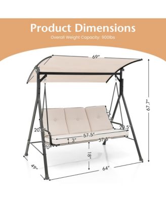 3-Person Hammock Chair Patio Porch Swing with Adjustable Canopy, Removable Cushion