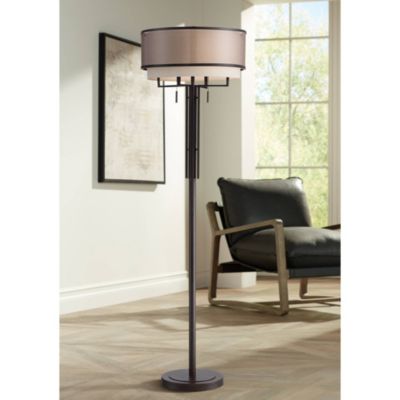 Alamo Industrial Rustic Floor Lamp 62" Tall Bronze Metal Sheer Organza Outer Linen Fabric Inner Double Drum Shade for Living Room