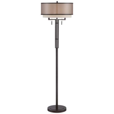 Alamo Industrial Rustic Floor Lamp 62" Tall Bronze Metal Sheer Organza Outer Linen Fabric Inner Double Drum Shade for Living Room