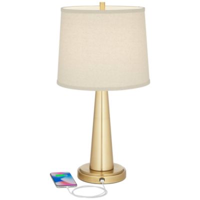 Modern Table Lamps 25" High Set of 2 with USB Charging Port Brass Metal Beige Drum Shade for Bedroom Living Room House Desk Bedside Home