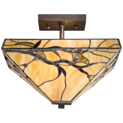 Mission Rustic Ceiling Light Semi Flush Mount Fixture 14" Wide Bronze 2-Light Budding Branch Art Glass Shade for Bedroom Kitchen