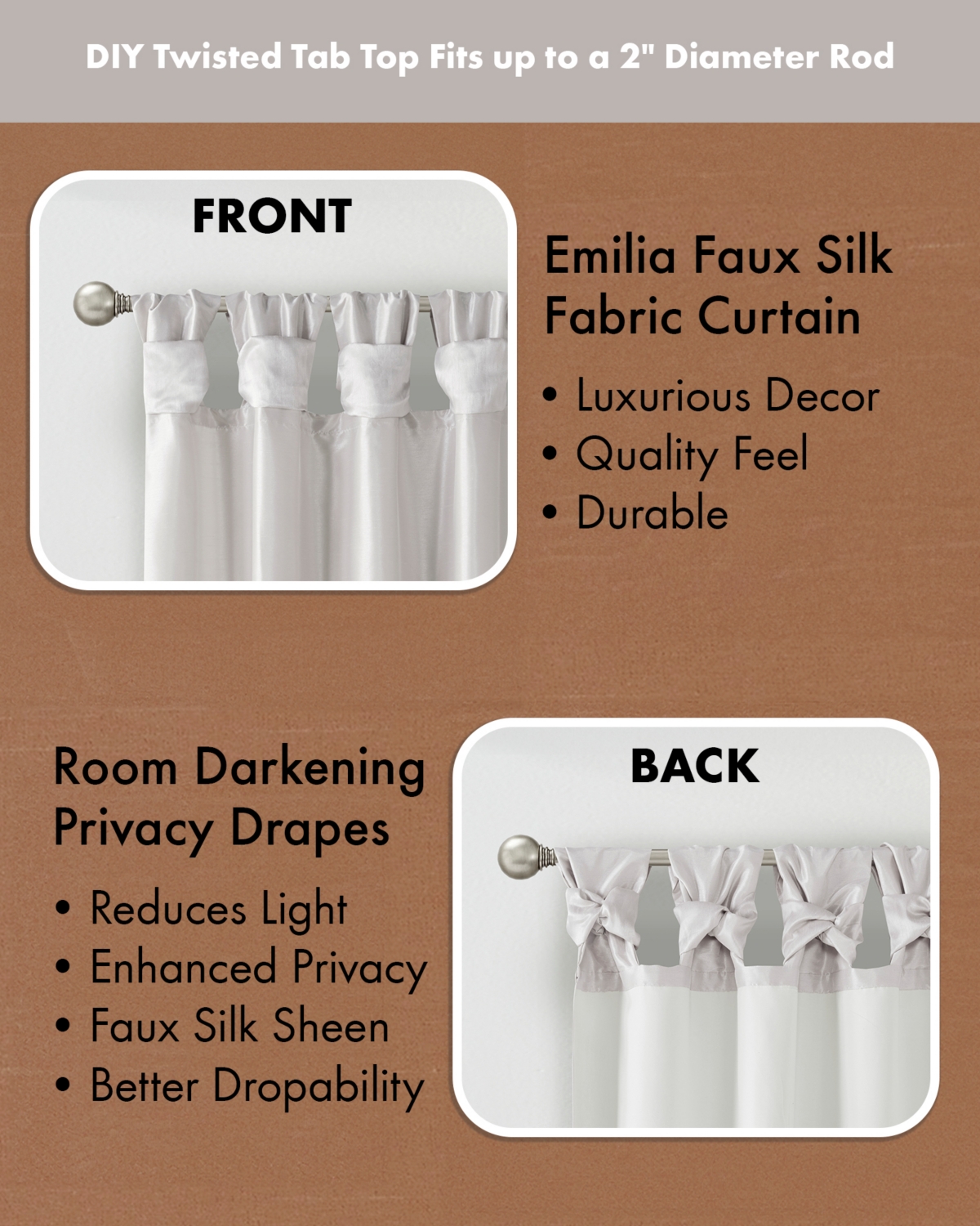 Madison Park Emilia Twist Tab Lined Window Curtain Panel, Single Curtain with Privacy Lining for Bedroom and Living Room, 84 inch length Single Curtai