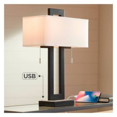 Neil Modern Rustic Table Lamp 26" High Black Metal with USB Charging Port White Rectangular Shade for Bedroom Living Room Bedside Desk