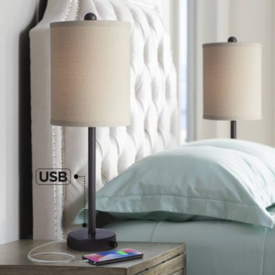 Trotter Modern Table Lamps 23 3/4" High Set of 2 Oiled Bronze with USB and AC Power Outlet in Base Burlap Shade for Living Room Home Desk