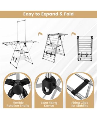 2-Layer Stainless Steel Foldable Drying Rack w/ Hanging Bar & 2 Height-adjustable Wings