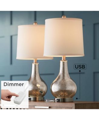 Ledger Modern Accent Table Lamps 21 3/4" High Set of 2 Mercury Glass with USB Charging Port Table Top Dimmers Off-White Shade for Desk