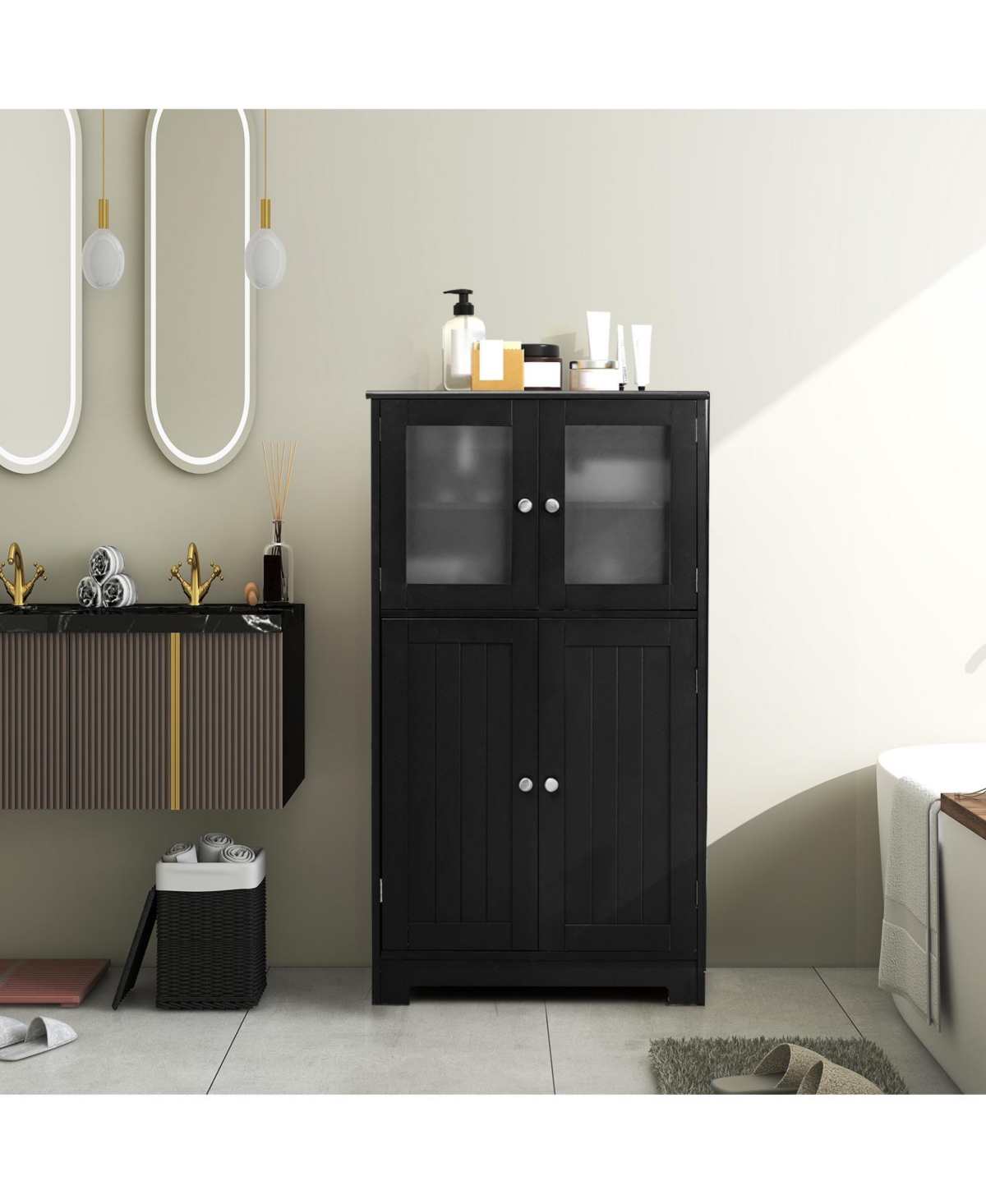 Costway Bathroom Floor Storage Cabinet Kitchen Cupboard w/Doors&Adjustable Shelf