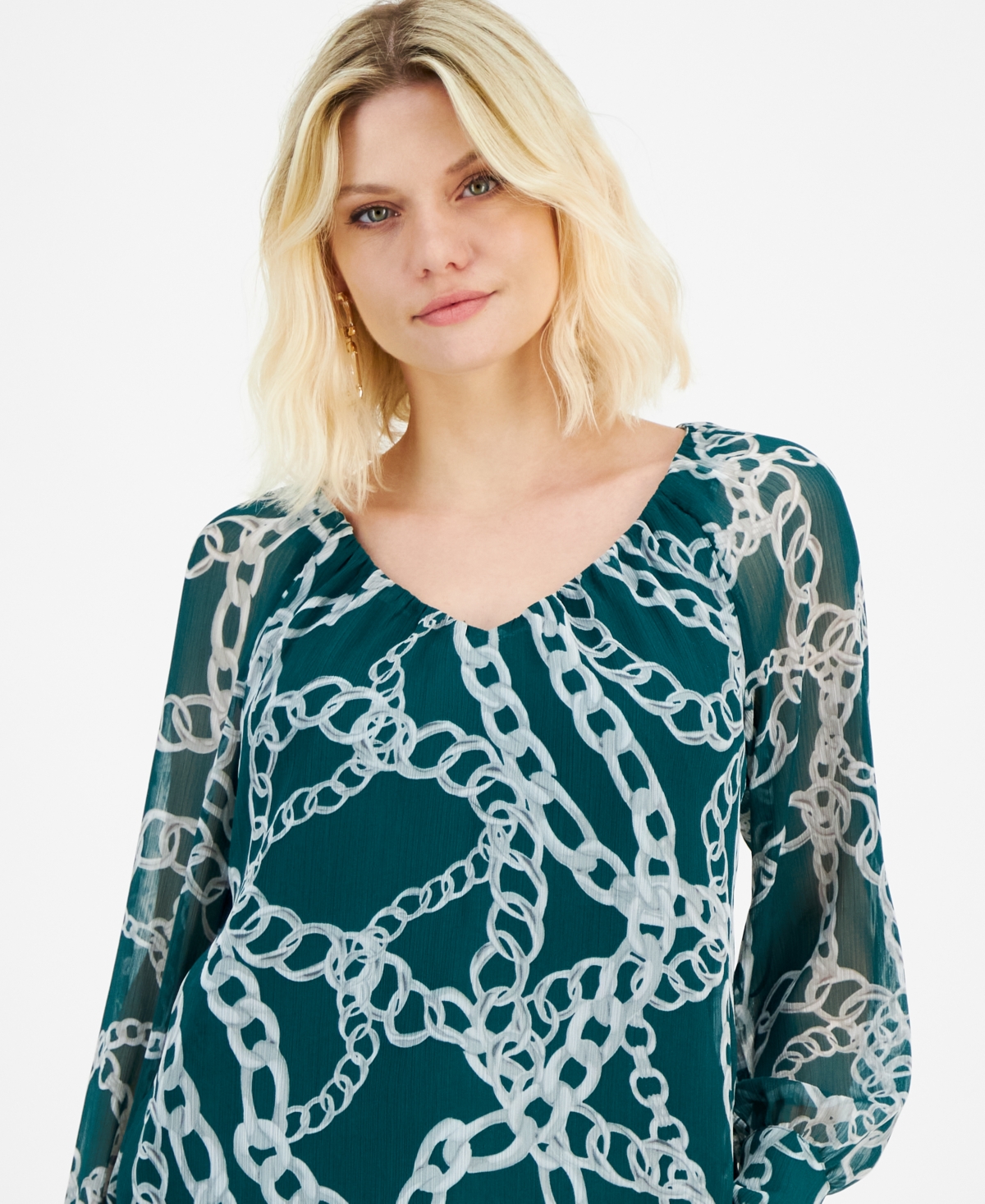 I.n.c. International Concepts Petite Printed V-Neck Long-Sleeve Top, Created for Macy's