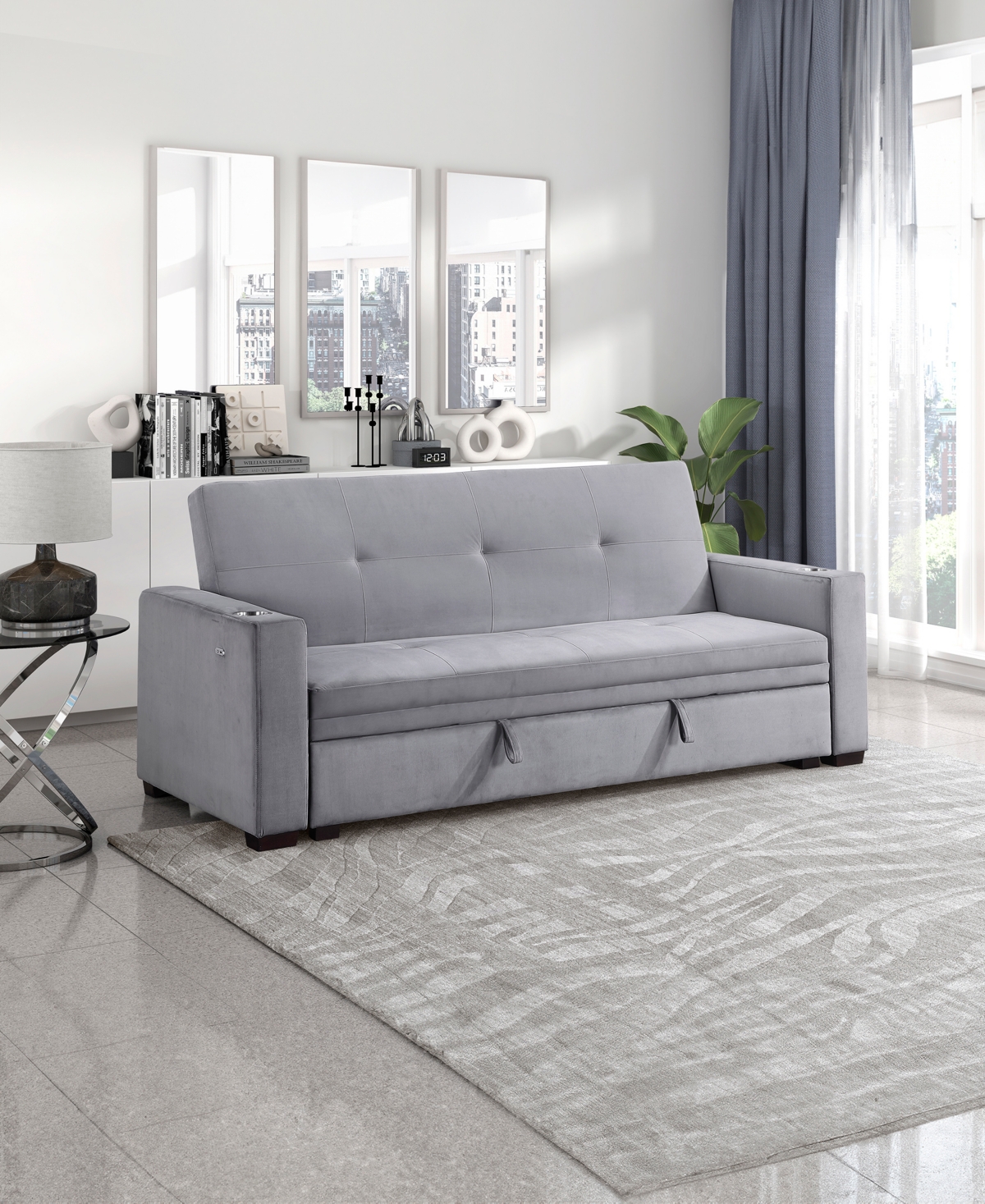 HOMELEGANCE WHITE LABEL GAINESVILLE 84" CONVERTIBLE SOFA WITH HIDDEN STORAGE, CUP HOLDERS AND USB CHARGING PORTS 