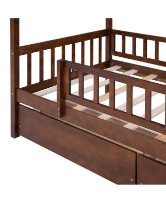 Twin Size Wooden House Bed With Two Drawers, Walnut