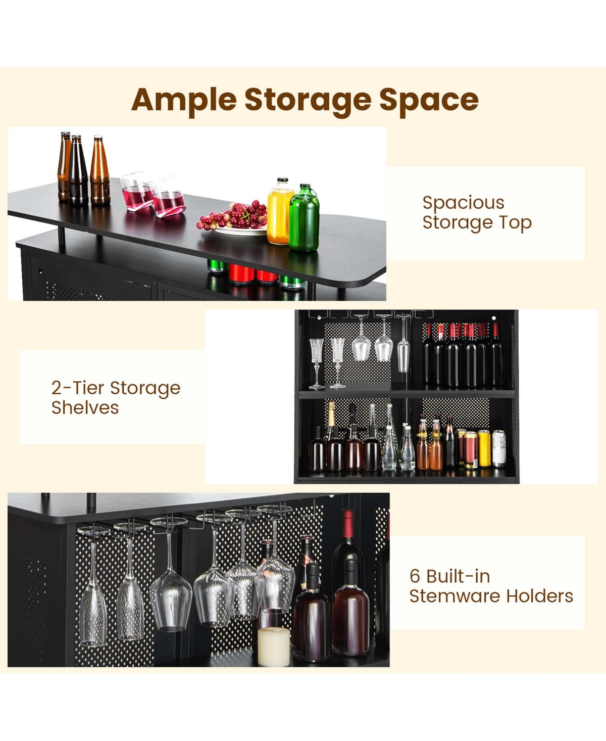Costway 4-Tier Metal Home Bar Unit Liquor Bar Table with Storage Shelves & Glass Holders