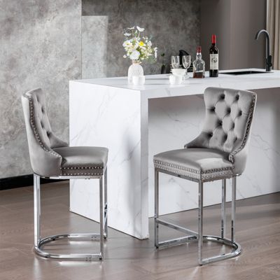 Streamdale Modern Gray Velvet Bar Stools Set Of 2