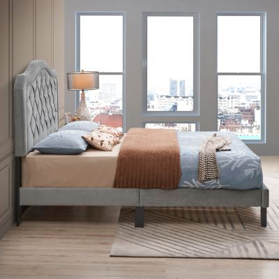 Gray Velvet Upholstered Queen Platform Bed