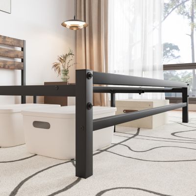 Queen Size Platform Bed Frame With Rustic Vintage Wood Headboard, Strong Metal Slats Support