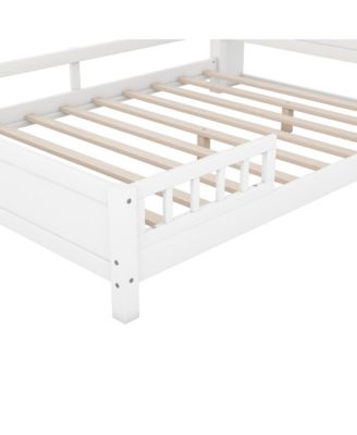 Wood Full Size Platform Bed With Built-In LED Light, Storage Headboard And Guardrail, White