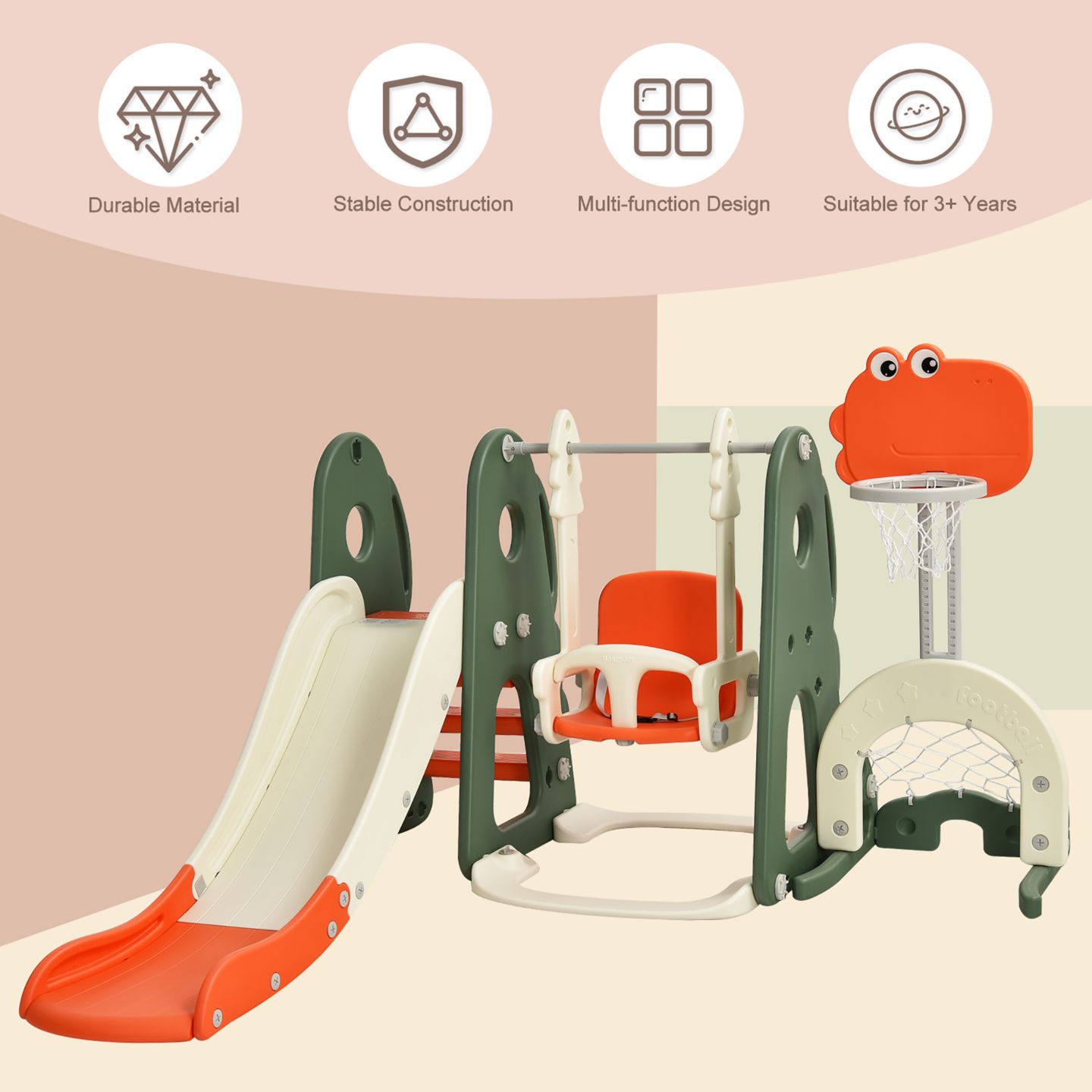 Детские игрушки Costway 6 in 1 Toddler Slide and Swing Set Climber Playset w/ Ball Games Orange, цвет: Оранжевый — фото 2