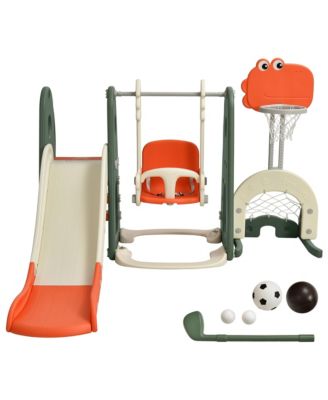6 in 1 Toddler Slide and Swing Set Climber Playset w/ Ball Games Orange