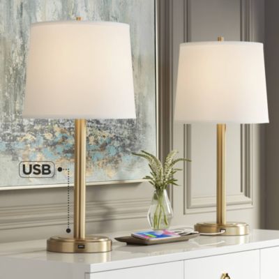 Camile Modern Table Lamps 25" High Set of 2 Brass Metal with USB Charging Port Oatmeal Drum Shade for Bedroom Living Room Bedside Desk