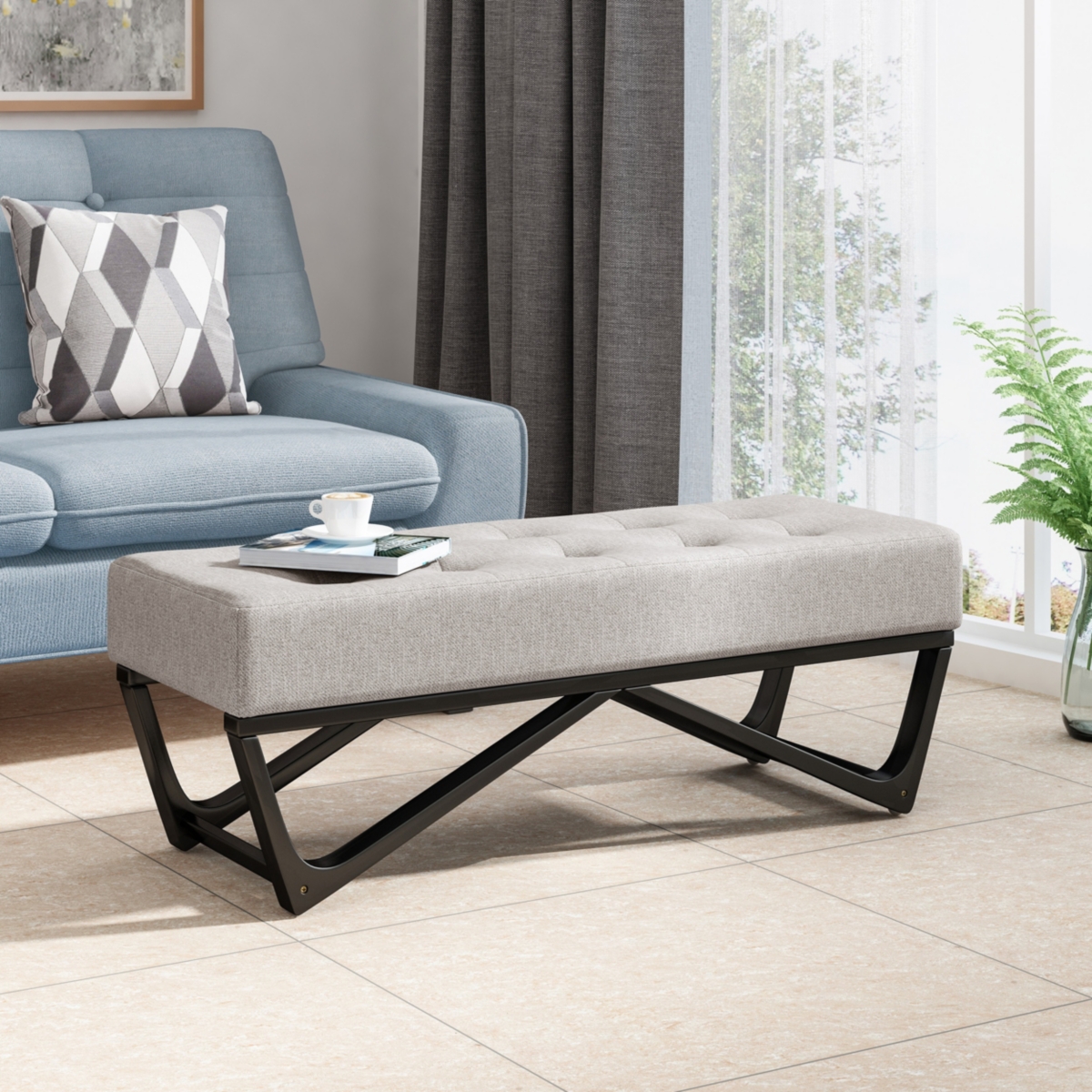 Streamdale Modern Geometric Button Tufted Ottoman Bench with Bentwood Frame