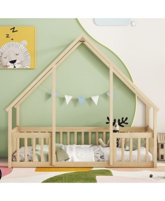 Twin Wood House-Shaped Floor Bed with Fence, Guardrails.