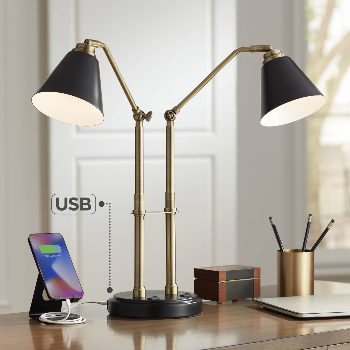 Possini Euro Design Sentry Mid Century Modern Desk Lamp High with Usb Charging Port Black BrassMetal Led Adjustable Cone Shade for Living Ro