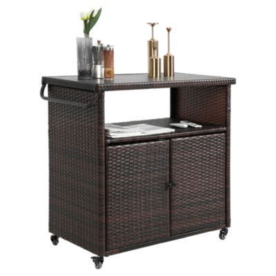 Outdoor Wicker Bar Cart with Wheels and Glass Tabletop