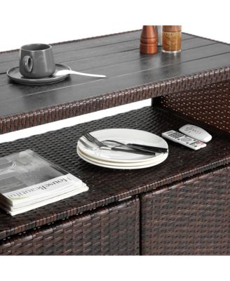 Outdoor Wicker Bar Cart with Wheels and Glass Tabletop