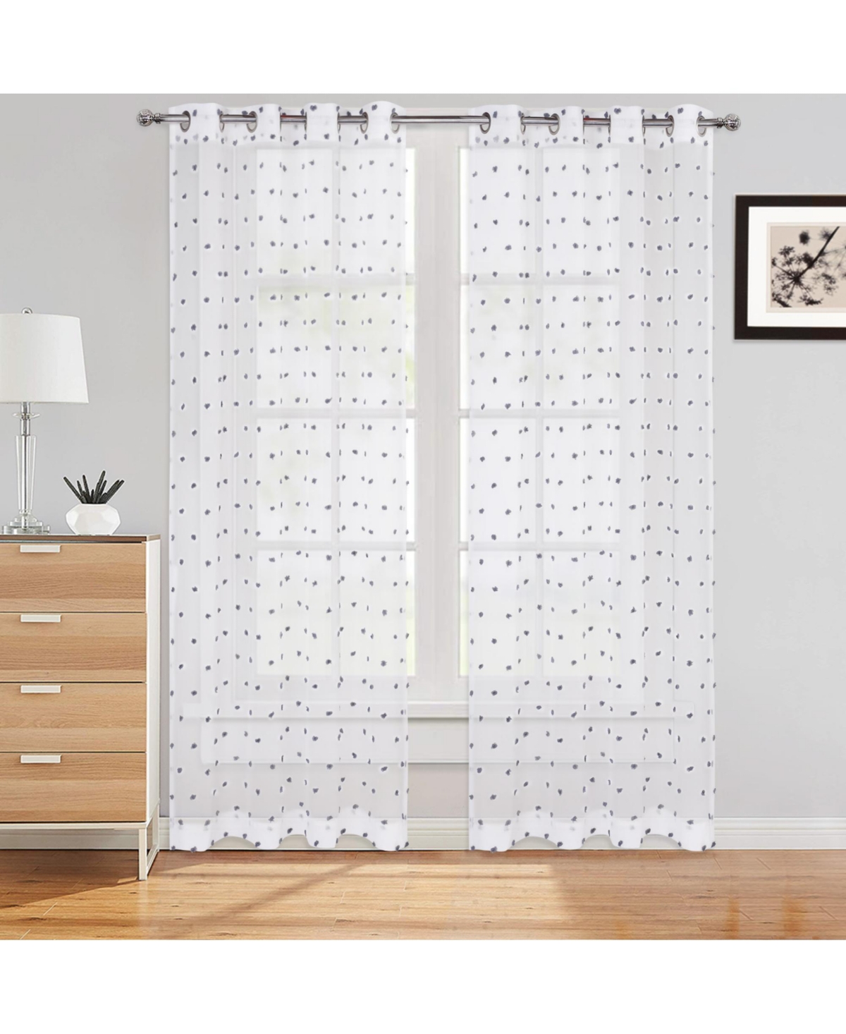 Pom Pom Grommet Voile Sheer Window Curtain Panels Set, 52" x 95" - Grey
