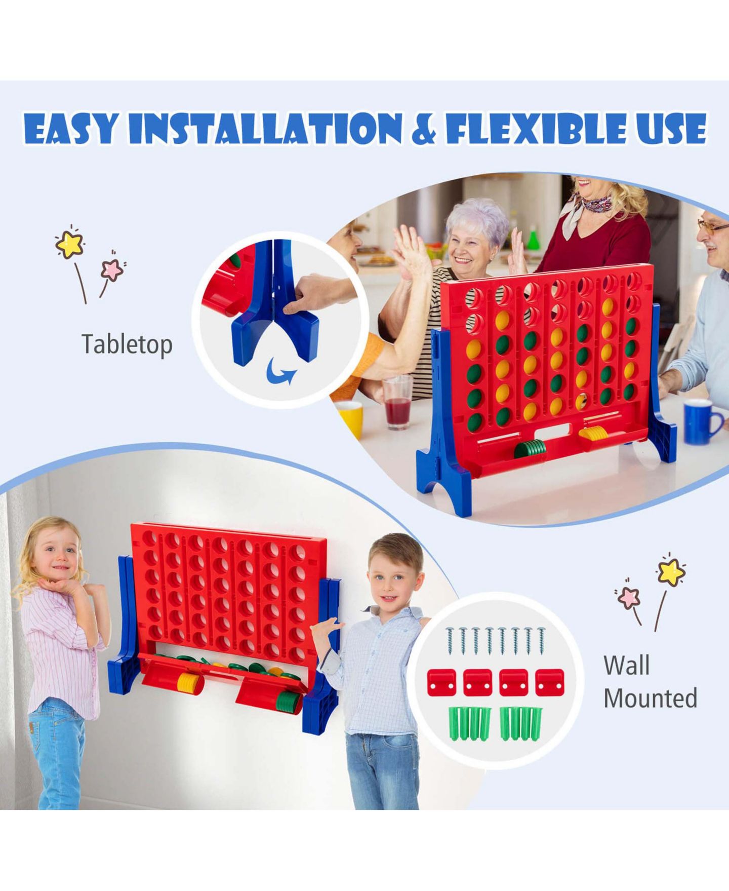 Детские настольные игры Costway Giant 4 in a Row, 2-Player Wall Mounted or Tabletop Board Game, 42-Piece, Ages 3+, цвет: Синий — фото 10