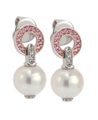 Suzy Levian Sterling Silver Sapphire & Created White Sapphire & Freshwater Pearl Drop Dangle Earrings