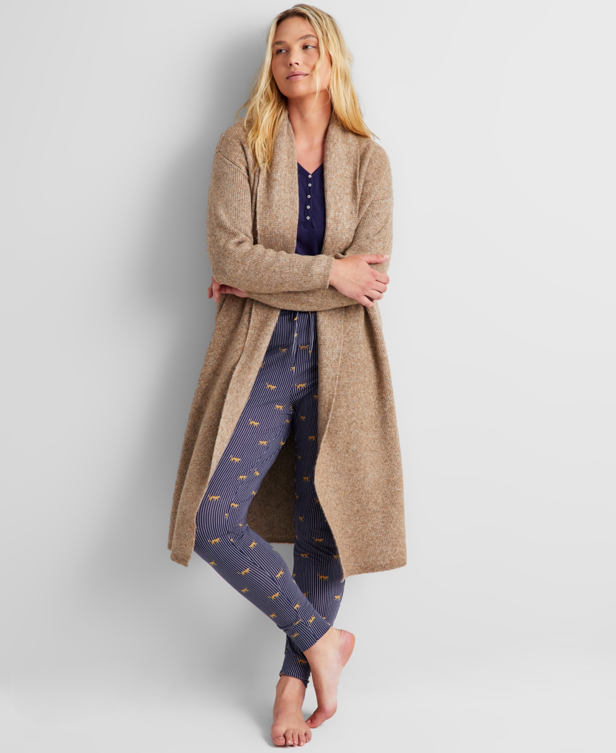 State Of Day Women's Knit Long-sleeve Duster Robe, Created For Macy's In Medium Taupe