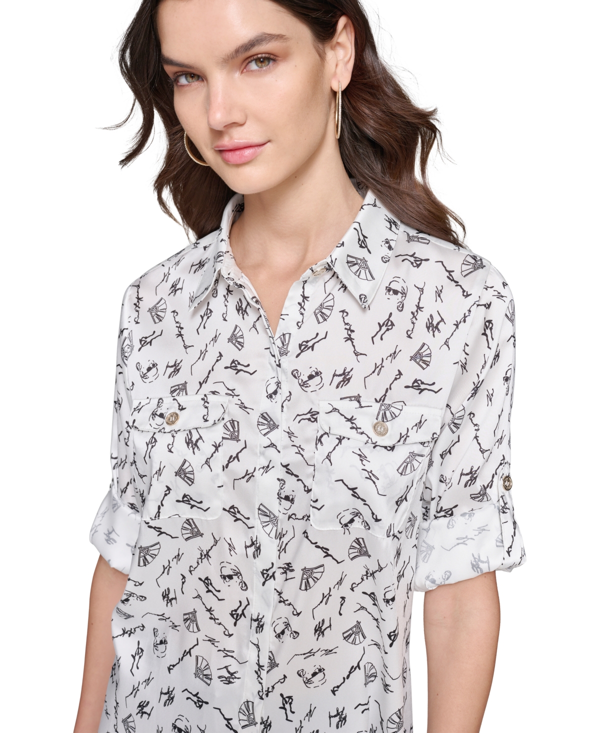Karl Lagerfeld Paris Women's Printed Utility Button-Down Top, Regular & Petites - White  Black