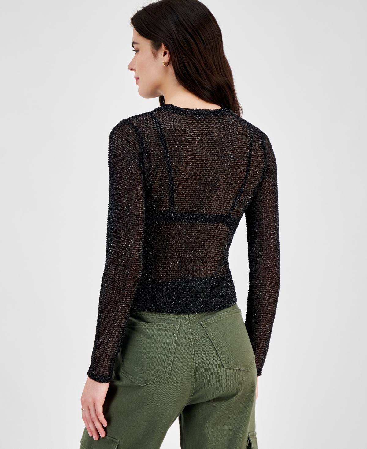Just Polly Juniors' Glitter-Mesh Long-Sleeve Top