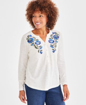 Style & Co - Women's Cotton Floral-Embroidered Long-Sleeve Top,