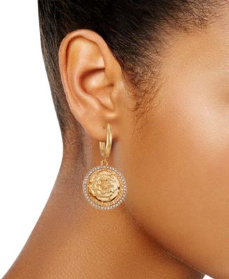 Gold-Tone Pav&eacute;-Edged Flower Charm Hoop Earrings
