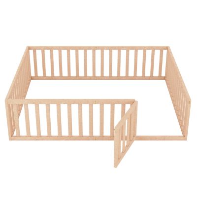 Queen Size Wood Floor Bed Frame With Fence And Door