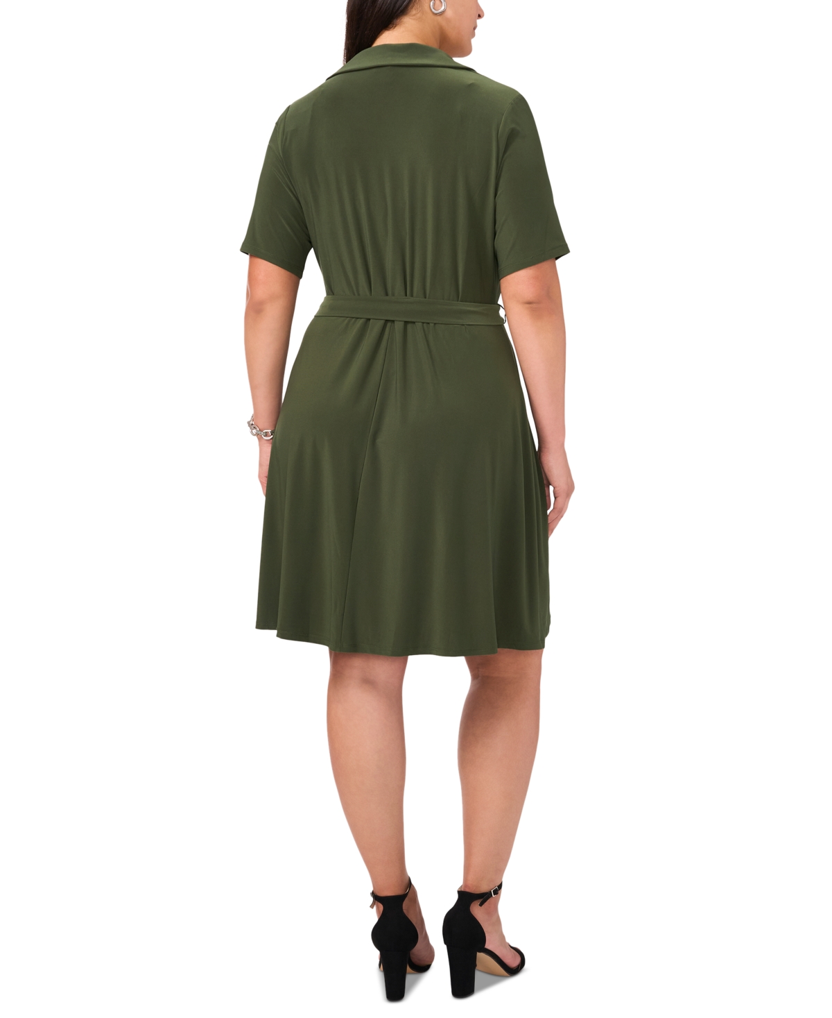 Msk Plus Size Collared-v-Neck Tie-Waist Short-Sleeve Dress