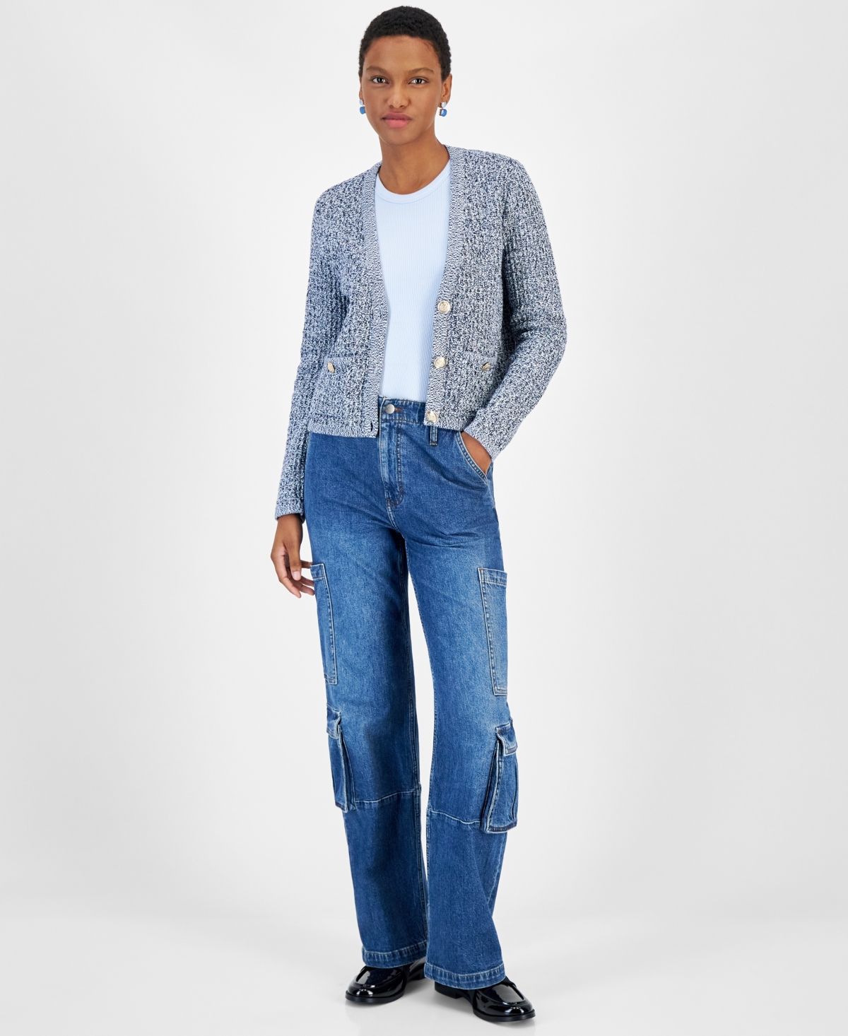On 34th Women's High Rise Utility Cargo Jeans, Created For Macy's In Denim Blu Combo